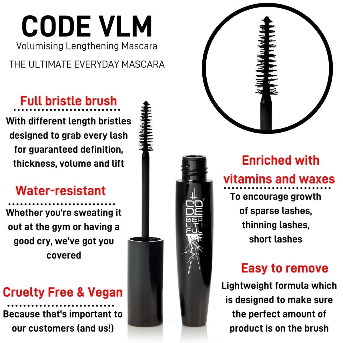 CODE VLM Volumising Lengthening Mascara - Water-Resistant & Gentle for Sensitive Eyes