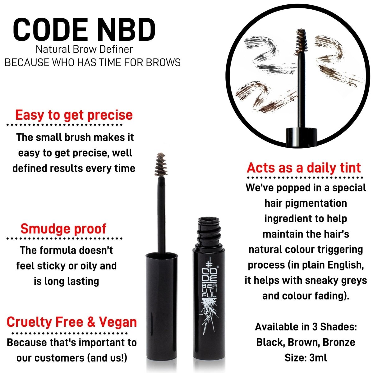 CODE NBD Natural Brow Definer - Long-Lasting Eyebrow Gel with Hair Pigmentation